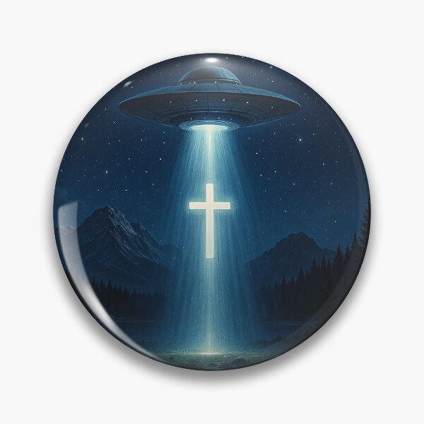 Artikelvorschau, UFO strahlt ein leuchtendes Kreuz in einen sternenklaren Bergwald entworfen und verkauft von TheDezignKitchen.