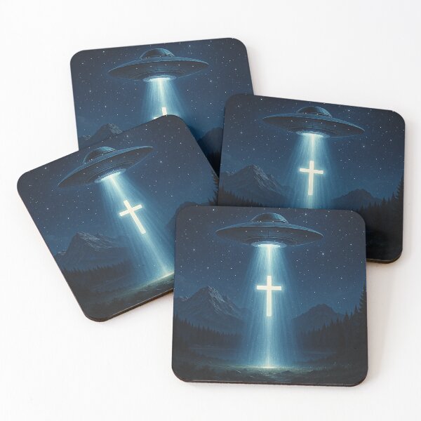 Item preview, UFO Beaming Up a Glowing Cross in a Starry Mountain Forest designed and sold by TheDezignKitchen.