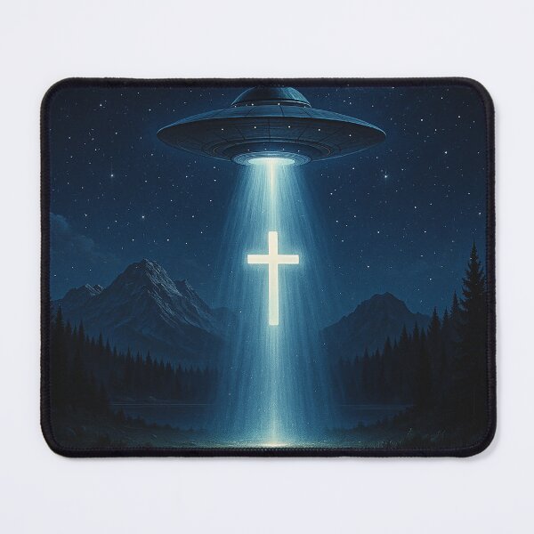 Item preview, UFO Beaming Up a Glowing Cross in a Starry Mountain Forest designed and sold by TheDezignKitchen.