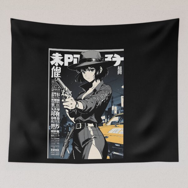 Item preview, Bounty hunter girl gun beneath neon dusk retro poster aesthetic design designed and sold by 80sRetroDesigns.