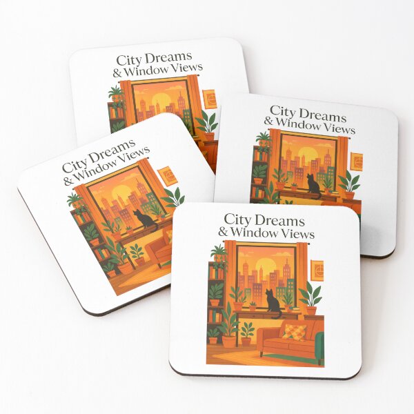 Item preview, City Dreams and Window Views Art Print – Cozy Cat and Urban Sunset Design designed and sold by inkoutninja.