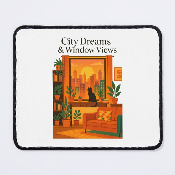Item preview, City Dreams and Window Views Art Print – Cozy Cat and Urban Sunset Design designed and sold by inkoutninja.