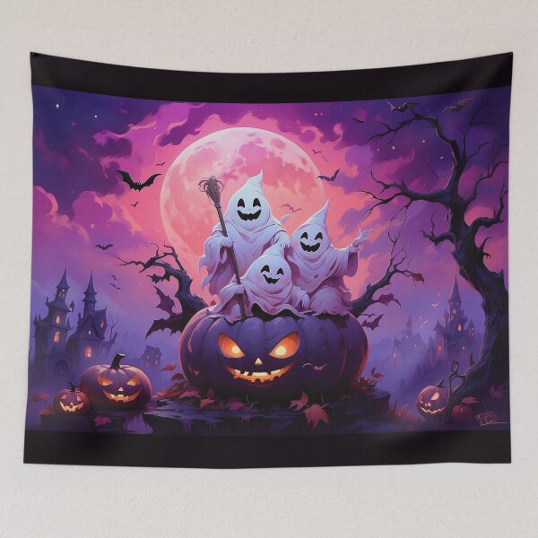 Item preview, Cute Ghosts on Pumpkin under Full Moon | Spooky Halloween Night designed and sold by KiraChie.