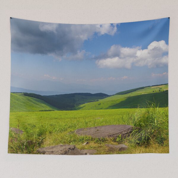 Item preview, Panoramic view of lush green highlands and rolling hills in Nagano Prefecture, Japan, under a dramatic summer sky. designed and sold by Pix4Japan.