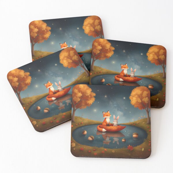 Item preview, Autumn Night Voyage – Fox and Rabbit on a Leaf Boat designed and sold by Whimsical Hug.