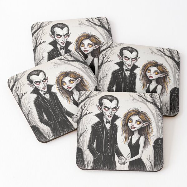 Item preview,  Vampire count Dracula and a cute werewolf lycanthrope girl illustration halloween art designed and sold by Vintage Designs +.