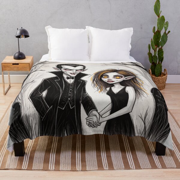 Item preview,  Vampire count Dracula and a cute werewolf lycanthrope girl illustration halloween art designed and sold by Vintage Designs +.