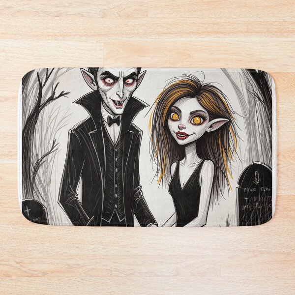 Item preview,  Vampire count Dracula and a cute werewolf lycanthrope girl illustration halloween art designed and sold by Vintage Designs +.