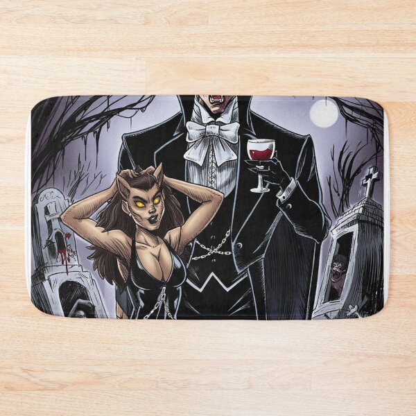 Item preview,  Vampire count Dracula and a cute werewolf lycanthrope girl illustration halloween art designed and sold by Vintage Designs +.
