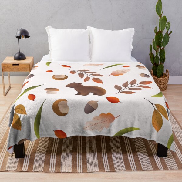 Item preview, Cozy Autumn Bear Throw Blanket with Leaves and Mushrooms Design designed and sold by FestivityFinds.