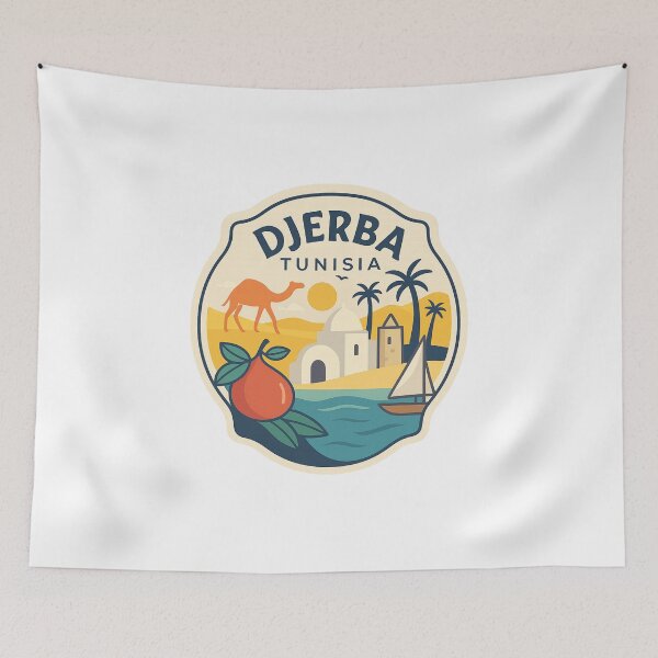 Item preview, Djerba Tunisia Coastal Scene with Camel, Mosque, and Date Palm designed and sold by Aryabek.