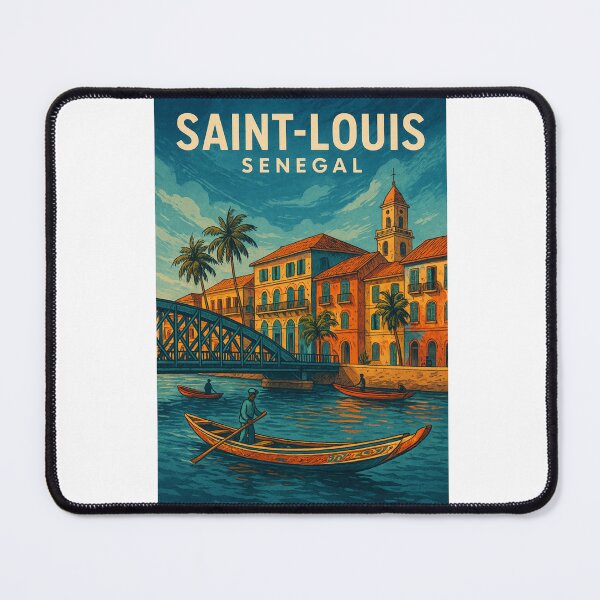 Item preview, Saint-Louis Senegal Riverside Scene with Cathedral and Canoes designed and sold by Aryabek.
