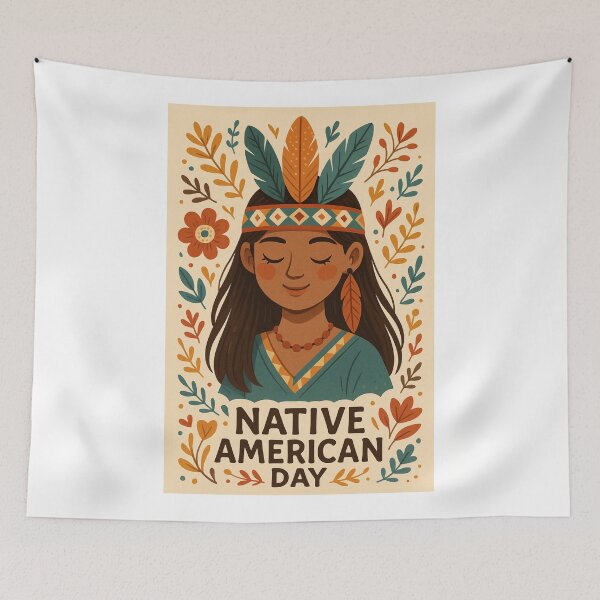 Item preview, Native American Day Portrait with Feathers and Cultural Motifs designed and sold by Aryabek.