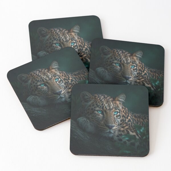 Item preview, a leopard in the jungle. The predator is hiding among dense foliage and is intently looking straight at the camera. Water droplets are visible on the leaves in the foreground designed and sold by Julia Shepeleva.