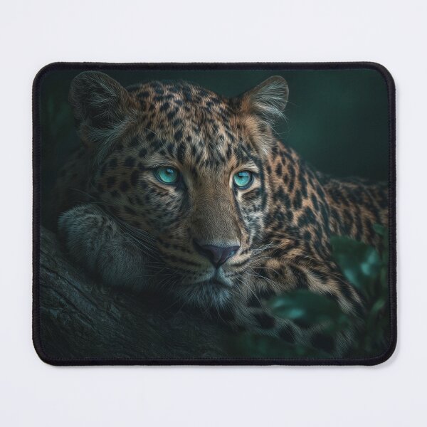 Item preview, a leopard in the jungle. The predator is hiding among dense foliage and is intently looking straight at the camera. Water droplets are visible on the leaves in the foreground designed and sold by Julia Shepeleva.