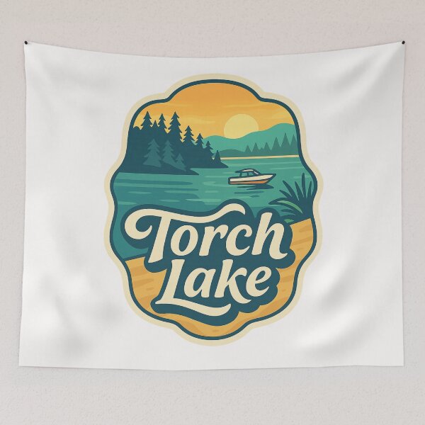 Item preview, Torch Lake Boating Scene with Pines and Sunset designed and sold by Places On Earth.