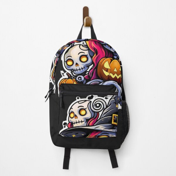 Artikelvorschau, Gruselig-süße Hexe mit leuchtenden Kürbissen und Totenköpfen | Gruselige Kawaii Halloween-Kunst entworfen und verkauft von Medeea Publishing.
