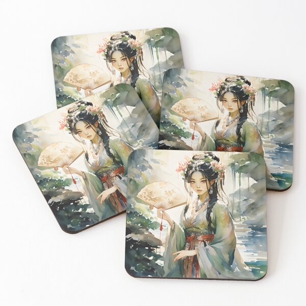 Item preview, Elegant Asian Woman in Traditional Hanfu Holding Fan Watercolor Style Oriental Painting Artwork designed and sold by Simplystik.