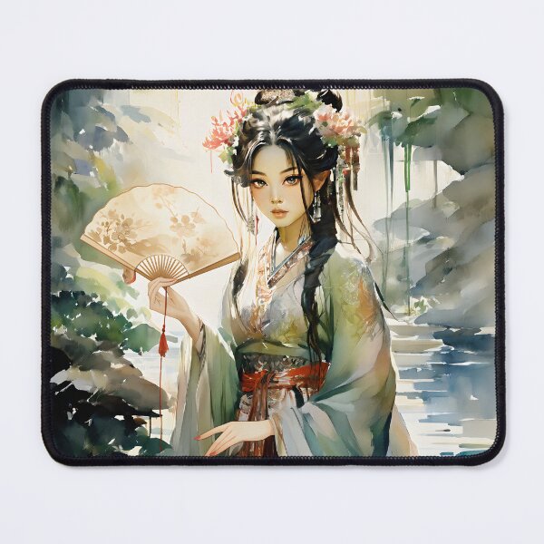 Item preview, Elegant Asian Woman in Traditional Hanfu Holding Fan Watercolor Style Oriental Painting Artwork designed and sold by Simplystik.