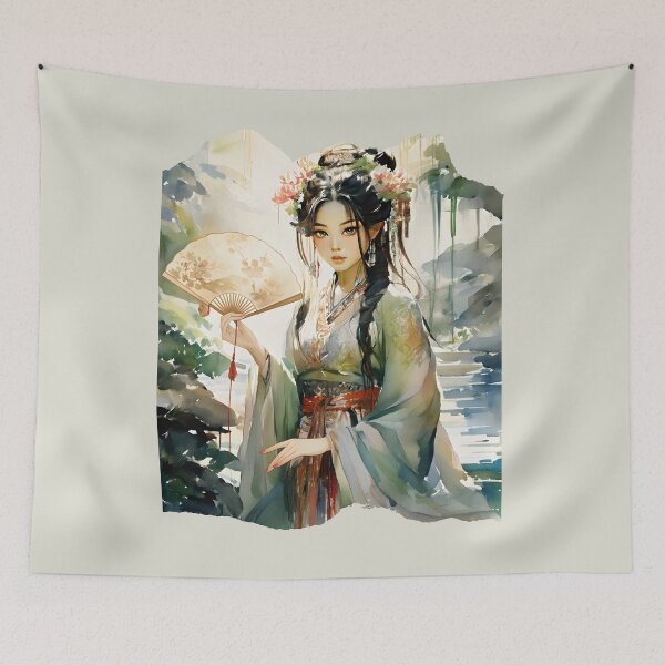 Item preview, Elegant Asian Woman in Traditional Hanfu Holding Fan Watercolor Style Oriental Painting Artwork designed and sold by Simplystik.
