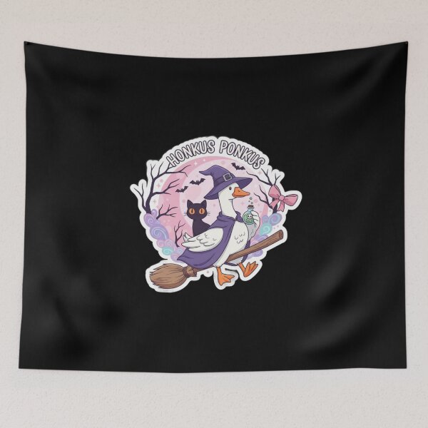 Item preview, Honkus Ponkus Witch Goose Cartoon – Cute Halloween Goose with Cat, Broom, and Moon designed and sold by zerastore.