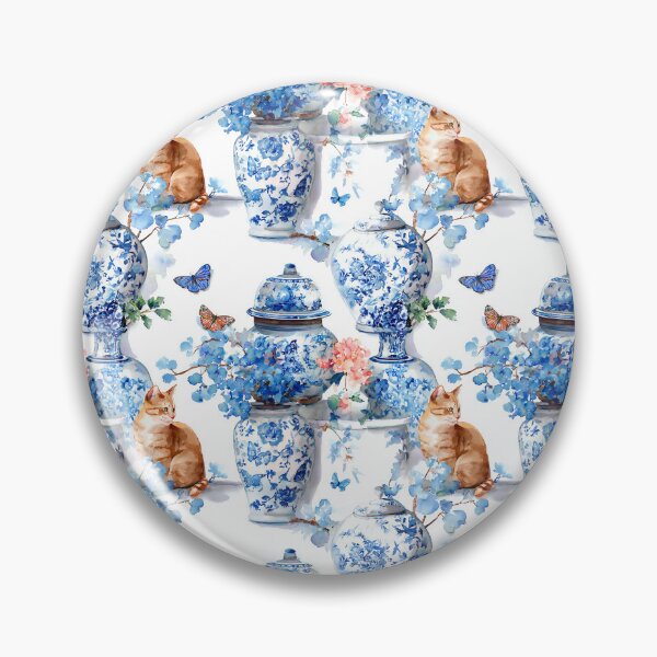 Item preview, Chinoiserie jars, flowers, butterflies and ginger cat watercolor painting designed and sold by SophieClimaArt.