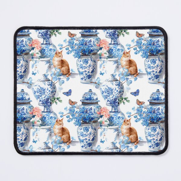 Item preview, Chinoiserie jars, flowers, butterflies and ginger cat watercolor painting designed and sold by SophieClimaArt.