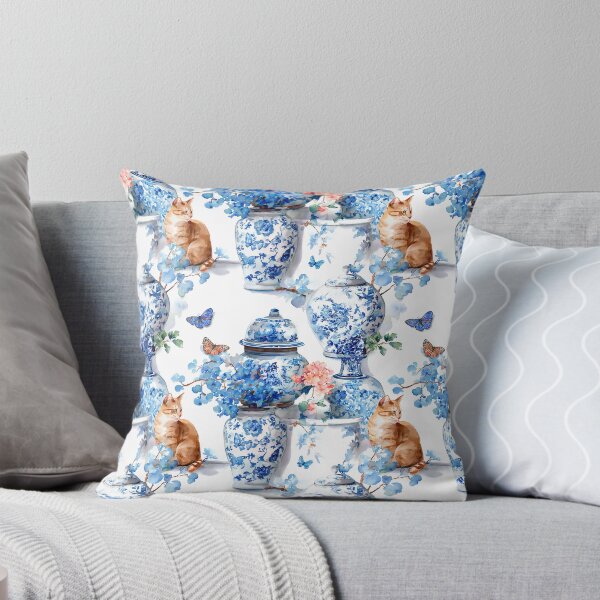 Item preview, Chinoiserie jars, flowers, butterflies and ginger cat watercolor painting designed and sold by SophieClimaArt.