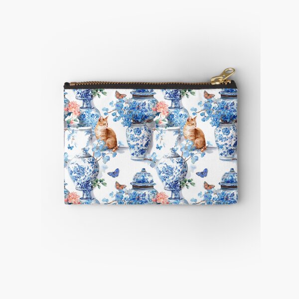 Item preview, Chinoiserie jars, flowers, butterflies and ginger cat watercolor painting designed and sold by SophieClimaArt.
