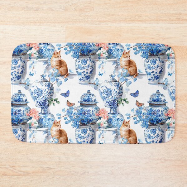 Item preview, Chinoiserie jars, flowers, butterflies and ginger cat watercolor painting designed and sold by SophieClimaArt.