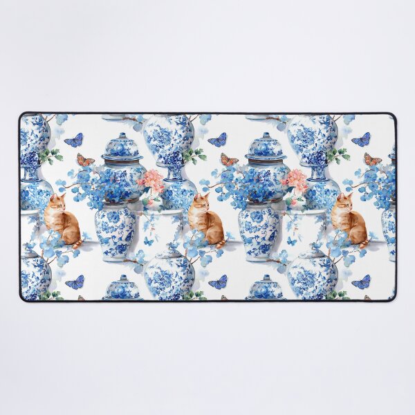 Item preview, Chinoiserie jars, flowers, butterflies and ginger cat watercolor painting designed and sold by SophieClimaArt.