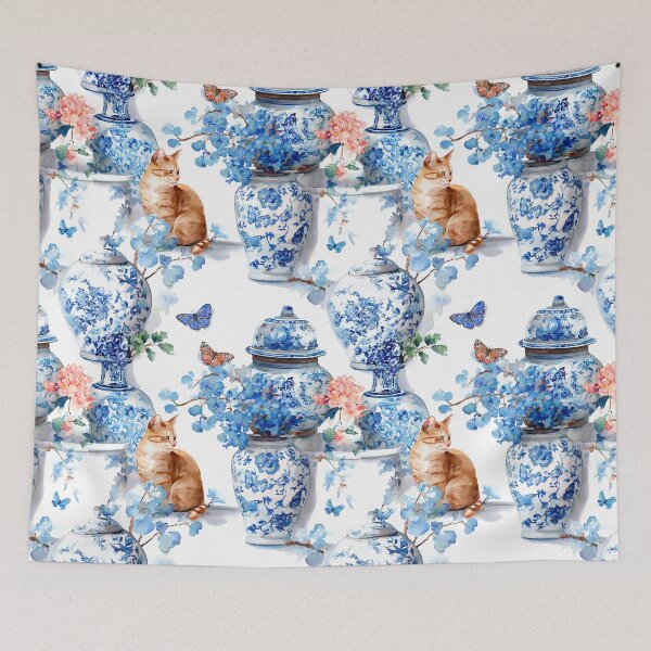 Item preview, Chinoiserie jars, flowers, butterflies and ginger cat watercolor painting designed and sold by SophieClimaArt.