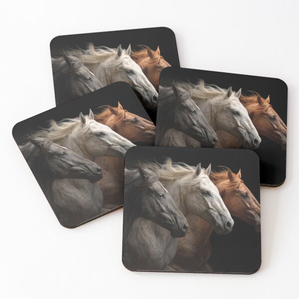Item preview, Herd of different colourful horses —black, white, and chestnut—run side by side against a deep black background.  designed and sold by Julia Shepeleva.