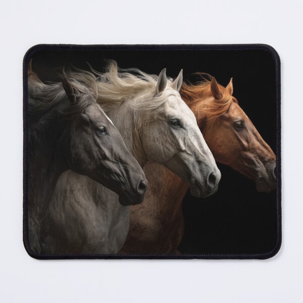 Item preview, Herd of different colourful horses —black, white, and chestnut—run side by side against a deep black background. designed and sold by Julia Shepeleva.