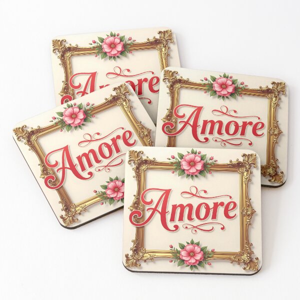 Item preview, Amore – Red Text in Vintage Gold Frame with Pink Florals designed and sold by EmeraldeaArt.
