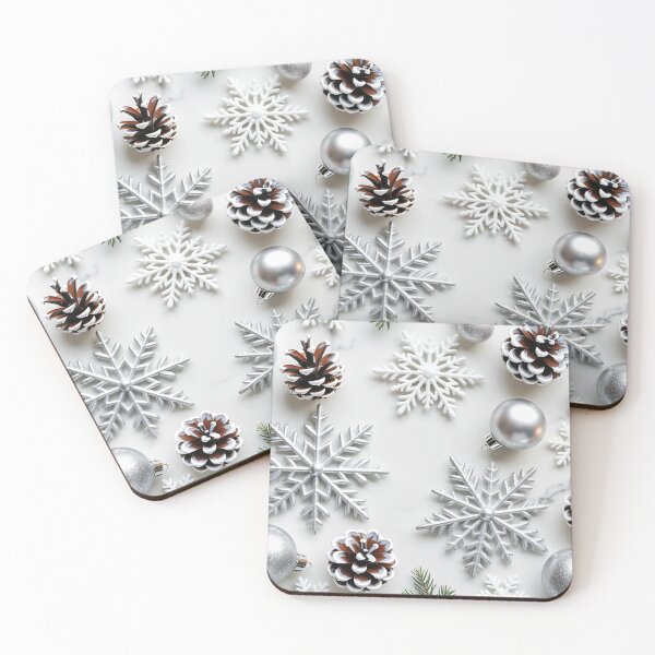 Item preview, Elegant Silver Snowflakes with Pinecones and Candles on White Marble Background for Cozy Christmas Decor designed and sold by Mimoshi ⭐⭐⭐⭐⭐.