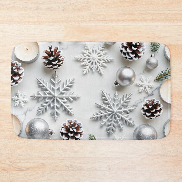 Item preview, Elegant Silver Snowflakes with Pinecones and Candles on White Marble Background for Cozy Christmas Decor designed and sold by Mimoshi ⭐⭐⭐⭐⭐.