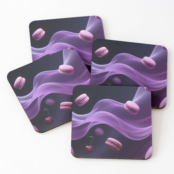 Item preview, Pink Macarons and Ripe Cherries Floating Gracefully in Dreamy Purple Silk Waves, Surreal Gourmet Dessert Art designed and sold by Mimoshi ⭐⭐⭐⭐⭐.