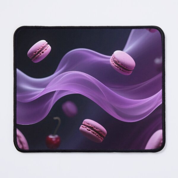 Item preview, Pink Macarons and Ripe Cherries Floating Gracefully in Dreamy Purple Silk Waves, Surreal Gourmet Dessert Art designed and sold by Mimoshi ⭐⭐⭐⭐⭐.