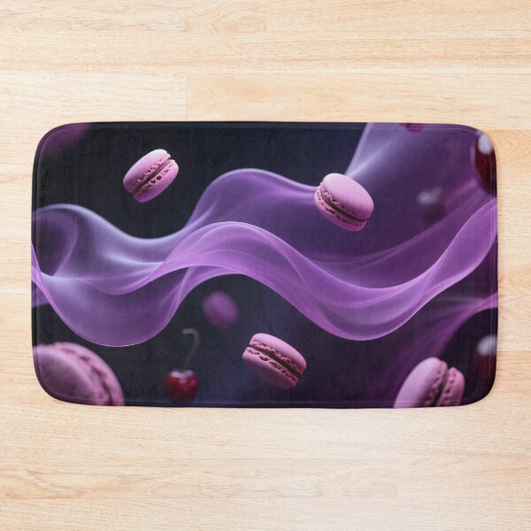 Item preview, Pink Macarons and Ripe Cherries Floating Gracefully in Dreamy Purple Silk Waves, Surreal Gourmet Dessert Art designed and sold by Mimoshi ⭐⭐⭐⭐⭐.