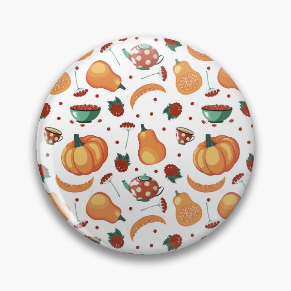 Item preview, Autumn-Themed Seamless Pattern Featuring Pumpkins, Viburnum Twigs, teapot, tea cup and plate with rose hips designed and sold by KosaUA.