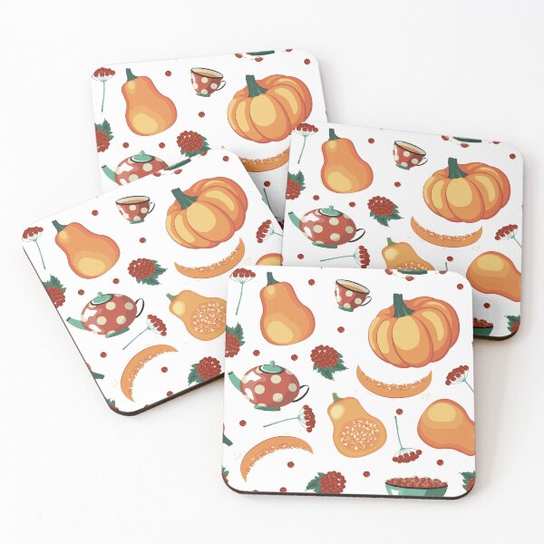 Item preview, Autumn-Themed Seamless Pattern Featuring Pumpkins, Viburnum Twigs, teapot, tea cup and plate with rose hips designed and sold by KosaUA.