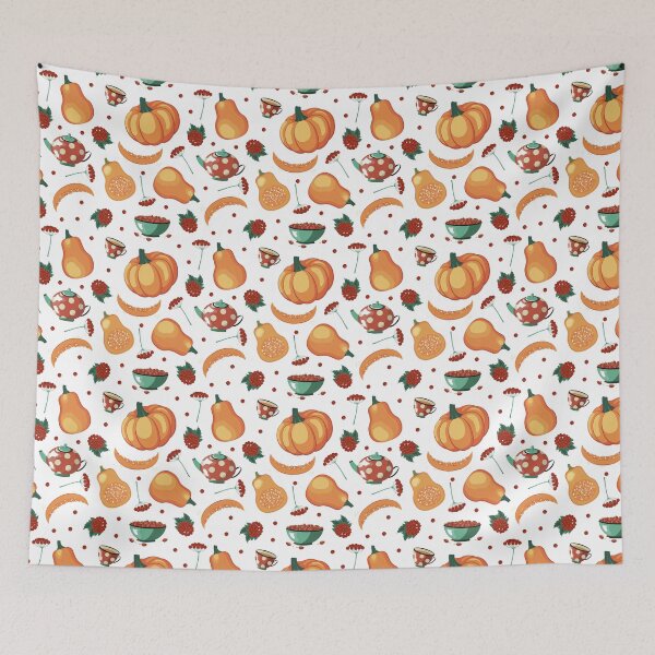 Item preview, Autumn-Themed Seamless Pattern Featuring Pumpkins, Viburnum Twigs, teapot, tea cup and plate with rose hips designed and sold by KosaUA.