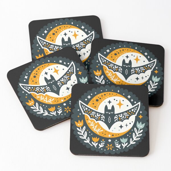 Item preview, Halloween Bat with Tulips and Stars - Scandinavian Folk Art by heidiannemorris © designed and sold by FOLK ART FUSION by heidiannemorris.