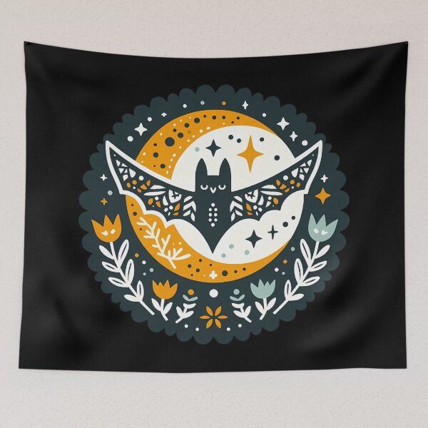 Item preview, Halloween Bat with Tulips and Stars - Scandinavian Folk Art by heidiannemorris © designed and sold by FOLK ART FUSION by heidiannemorris.