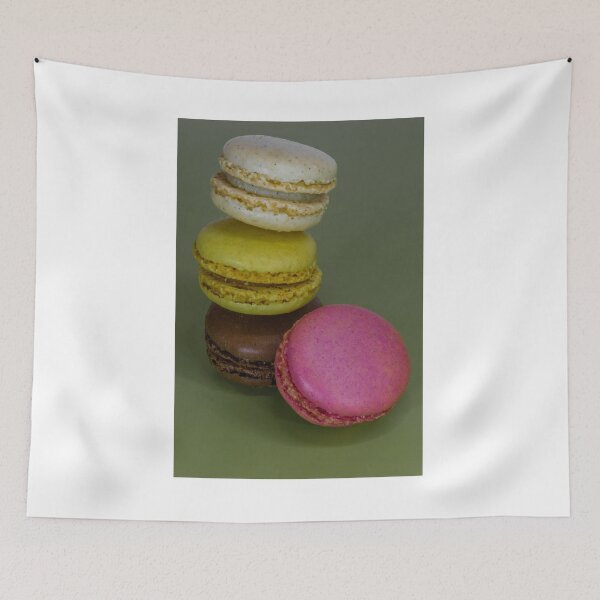 Item preview, Stacked Colorful Macarons Featuring Various Flavors on a Plain Background designed and sold by Nmallia.