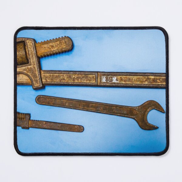 Item preview, Rusty Metal Wrenches and Tools Against a Blue Background designed and sold by Nmallia.