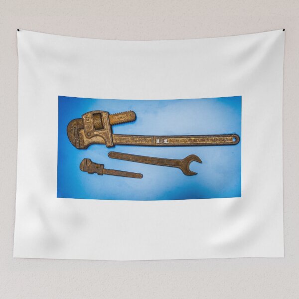 Item preview, Rusty Metal Wrenches and Tools Against a Blue Background designed and sold by Nmallia.