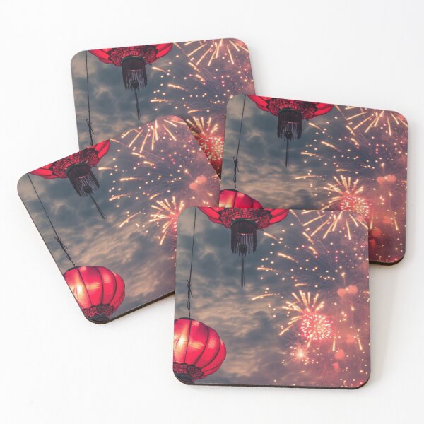 Item preview, Traditional Chinese lanterns against fireworks in night sky, background, AI generated designed and sold by dvoevnore.