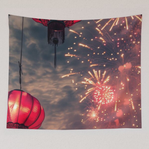 Item preview, Traditional Chinese lanterns against fireworks in night sky, background, AI generated designed and sold by dvoevnore.